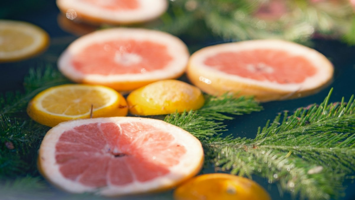 Grapefruit and lemon slices floating with green foliage on water